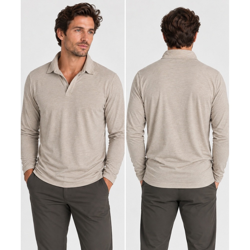 James Perse Polo Mens 2 Beige Long Sleeve Cotton Linen Blend MCLM3943